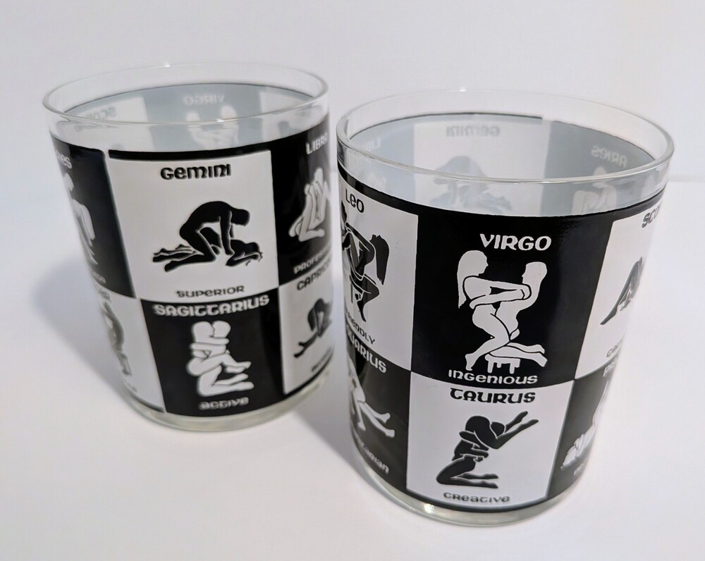 Vintage Zodiac Sex Positions 1960 Cocktail Glasses Retro Astrology Barware